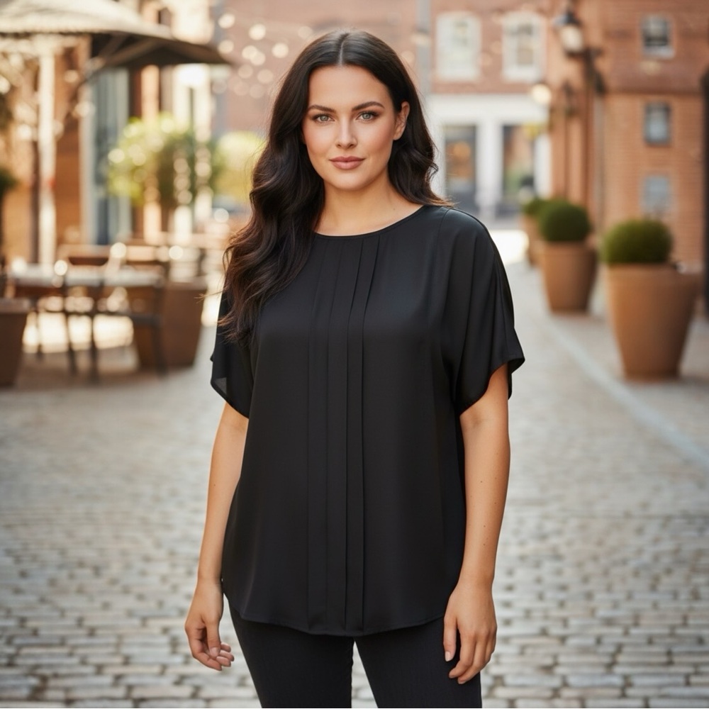 ECI New York Black Pleated Blouse - Dolman Sleeves Silky Finish Size L